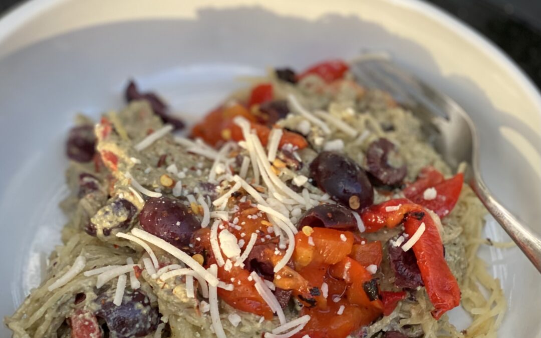 Spaghetti Squash with Creamy Pesto, Roasted Peppers & Kalamata Olives